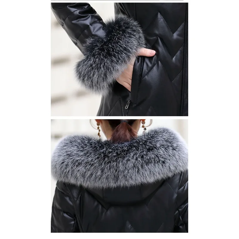 2023 New Woman Haining Imitation Leather Jacket Down Coat Mid-length Thin Sheepskin Fox Fur Collar Hooded Large Overcoat
