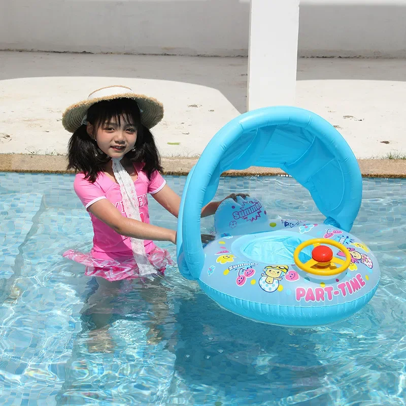 Cartoon Inflatable Baby Swim Ring Seat Floating Sunshade Toddler Swim Circle Bathtub Swimming Pool Beach Party Outdoor Water Toy 4