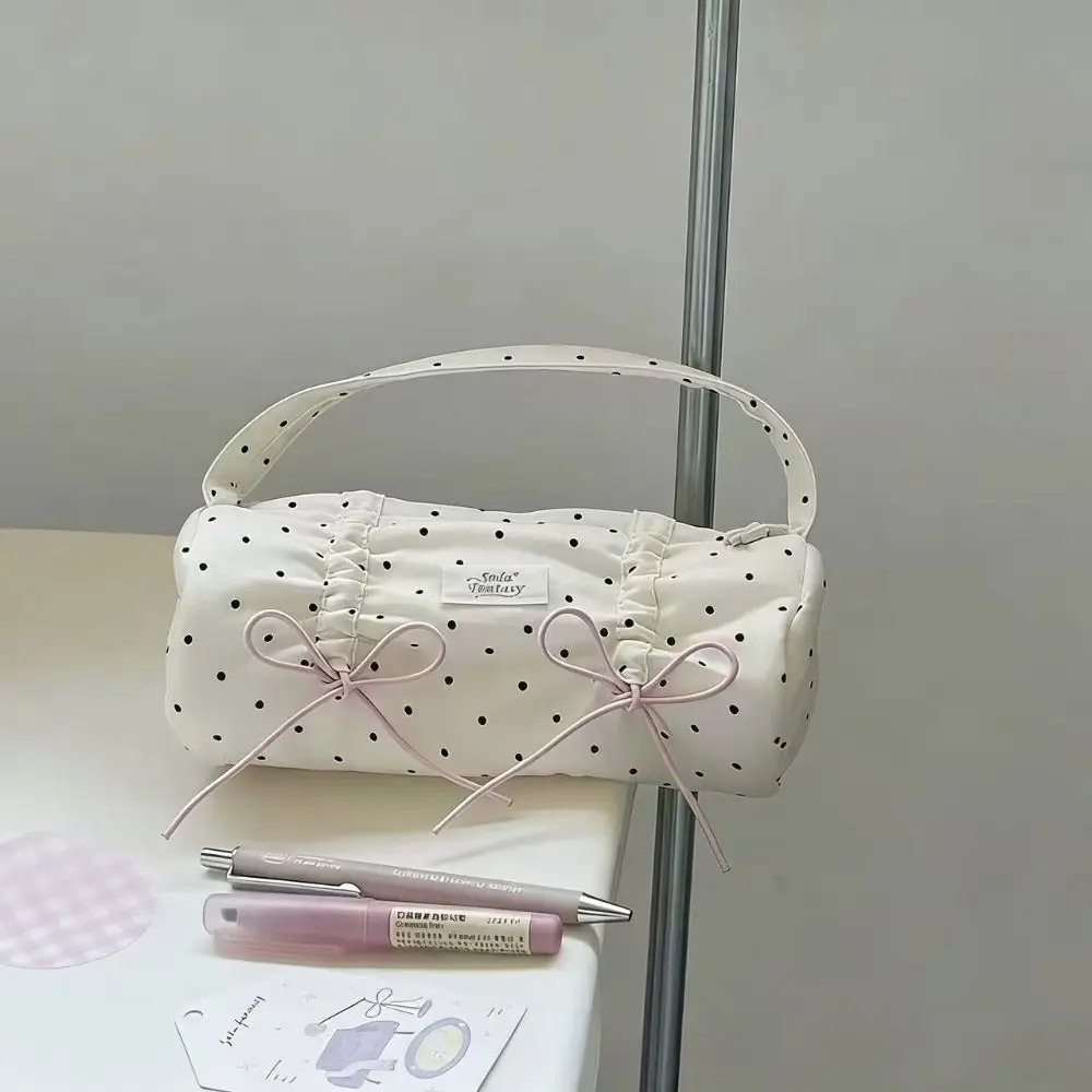 INS 폴카 도트 보우 디자인 연필 케이스 휴대용 휴대용 문구 파우치 대용량 보관 가방 선물