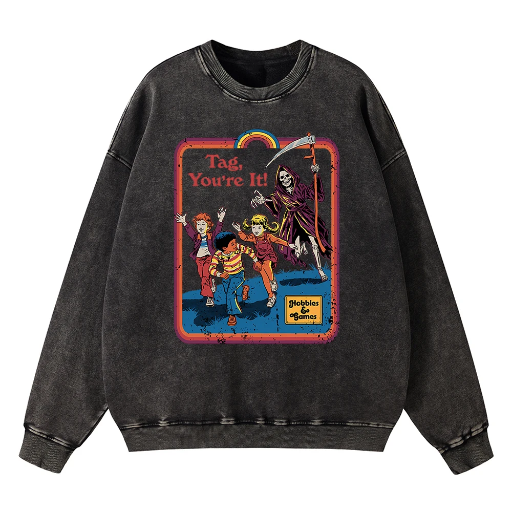 thumbnail image 1 of Sudadera con capucha vintage desgastada y lavada con la frase "La muerte me persigue por detrás" para hombre, sudadera de moda de hip hop, sudadera de algodón de gran tamaño, 1 of 5