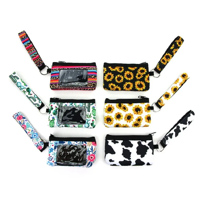 New Neoprene Mini Wristlet Wallet / Credit Card Id Holder With Lanyard Multifunctional Storage Bag Pvc Zipper Coin Purse