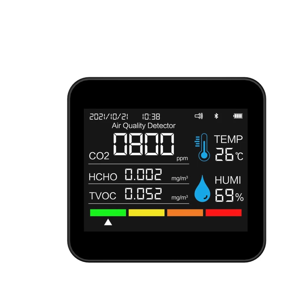 

Монитор качества воздуха BT 9 в 1, датчик времени и даты, CO2, TVOC, HCHO, PM2.5, PM1.0, PM10, датчик температуры и влажности, с поддержкой приложения для контроля