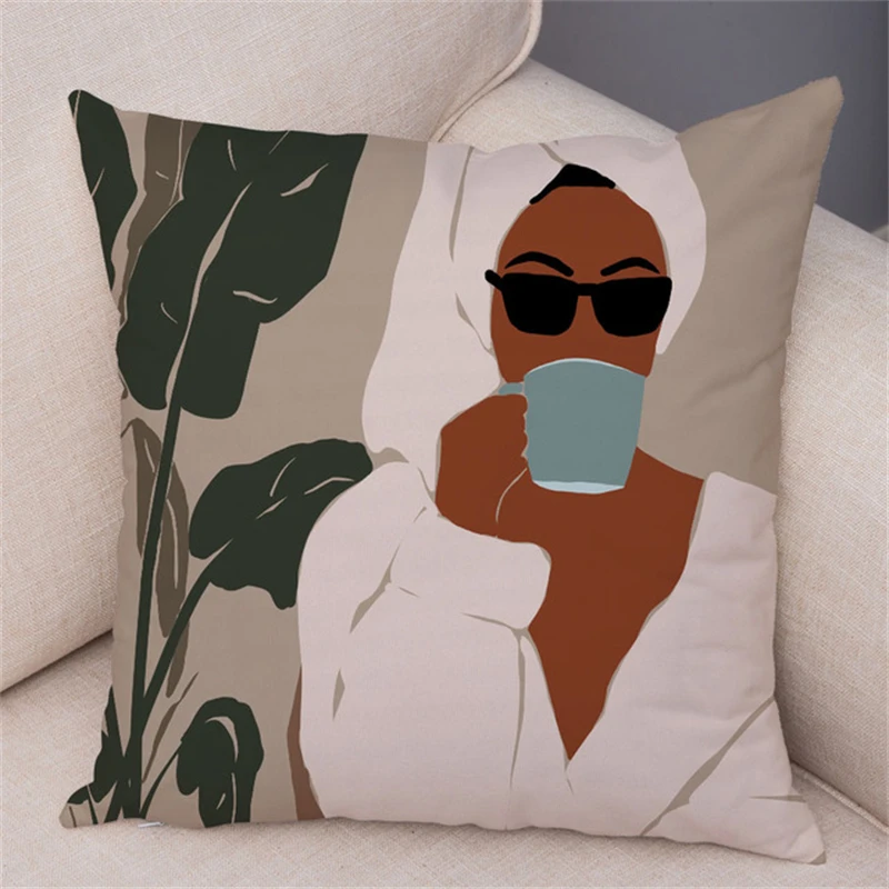 2022 Tropical Plant Soft Plush Black Africa Girl Pillow Case Linen Geometric Fashion Women Cushion Cover for Sofa Car Home Decor