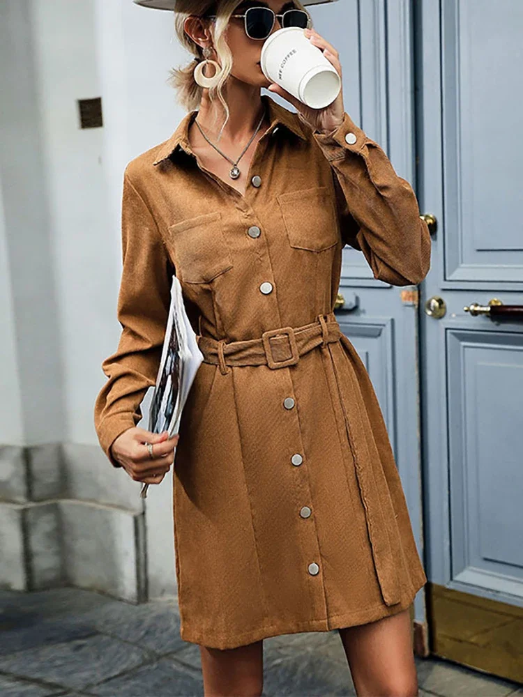 

Autumn Corduroy Shirt Dress Woman Elegant Button Bandage Short Dress Casual Fashion A-line Solid Belted Dresses for Women 2023