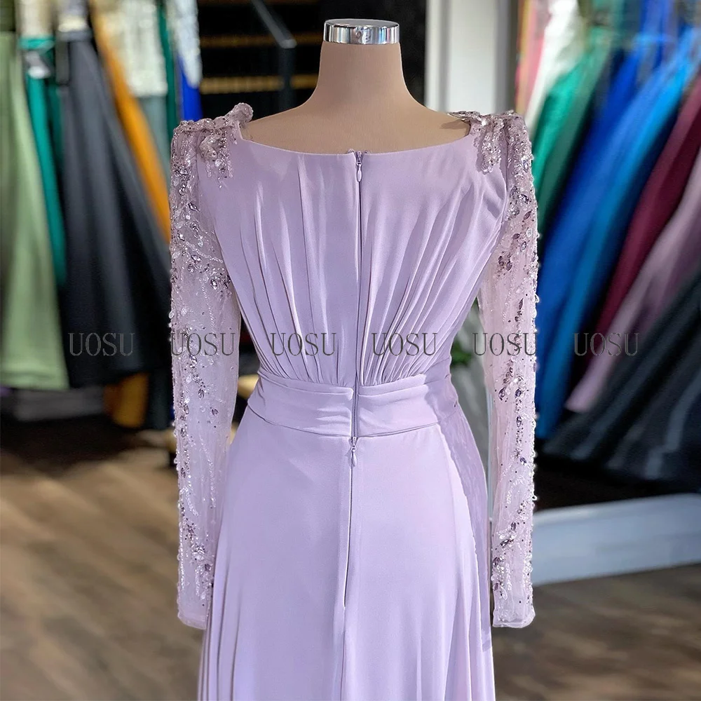 Mother Bride Dresses Lilac Mother of the Bride/Groom Dresses Long Sleeves Beaded Luxury Women's Wedding Guest Gowns Scoop Split Formal Evening Dress