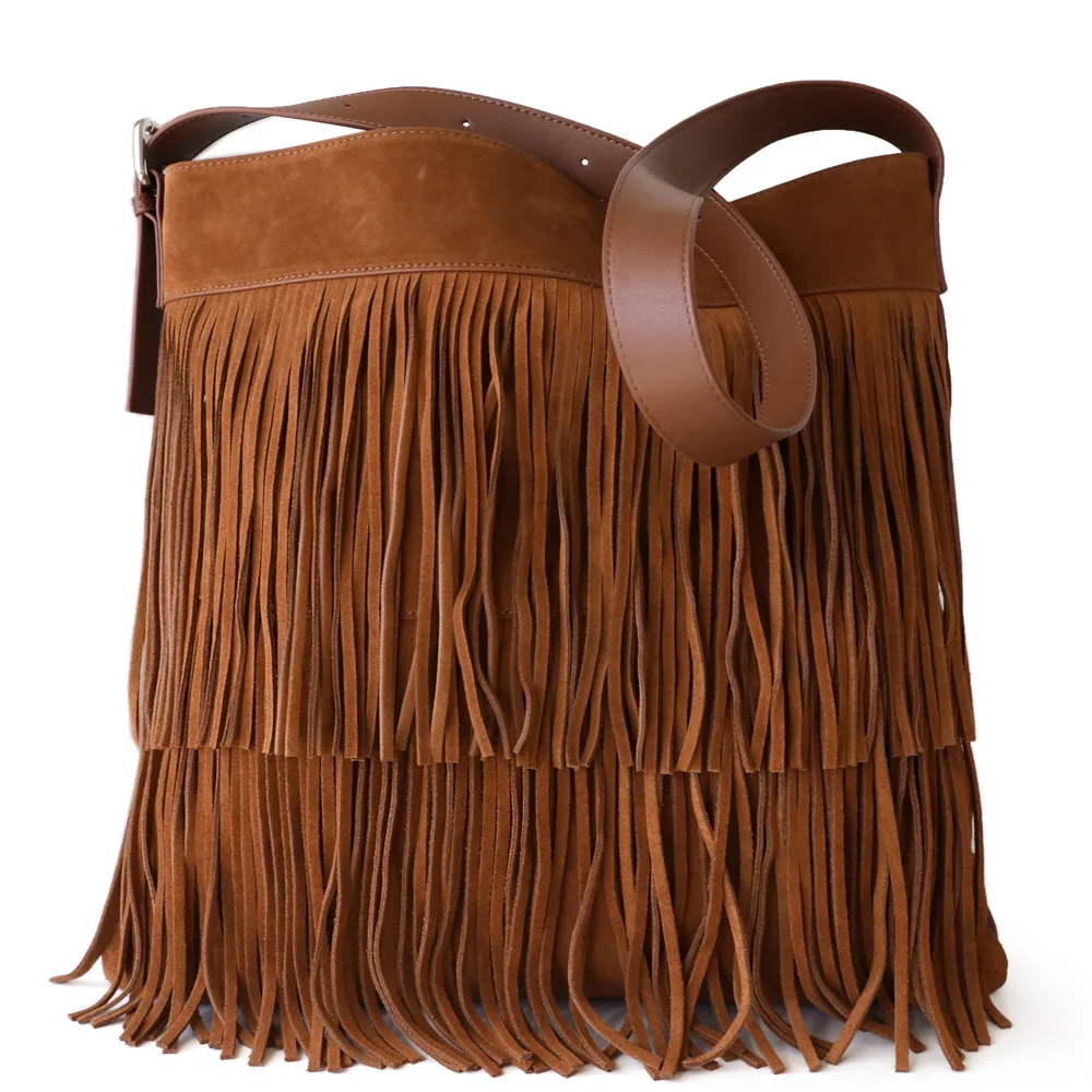 

Vintage Frosted Cow Genuine Leather Large Capacity Suede Women's Bag Lazy Commuter Female Shoulder Crossbody Underarm Tassel Bag