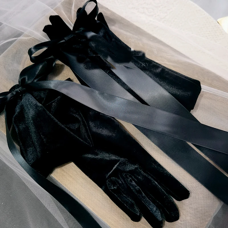 Black velvet bow dress gloves dinner gloves Halloween accessories studio photography accessories velvet bow gloves