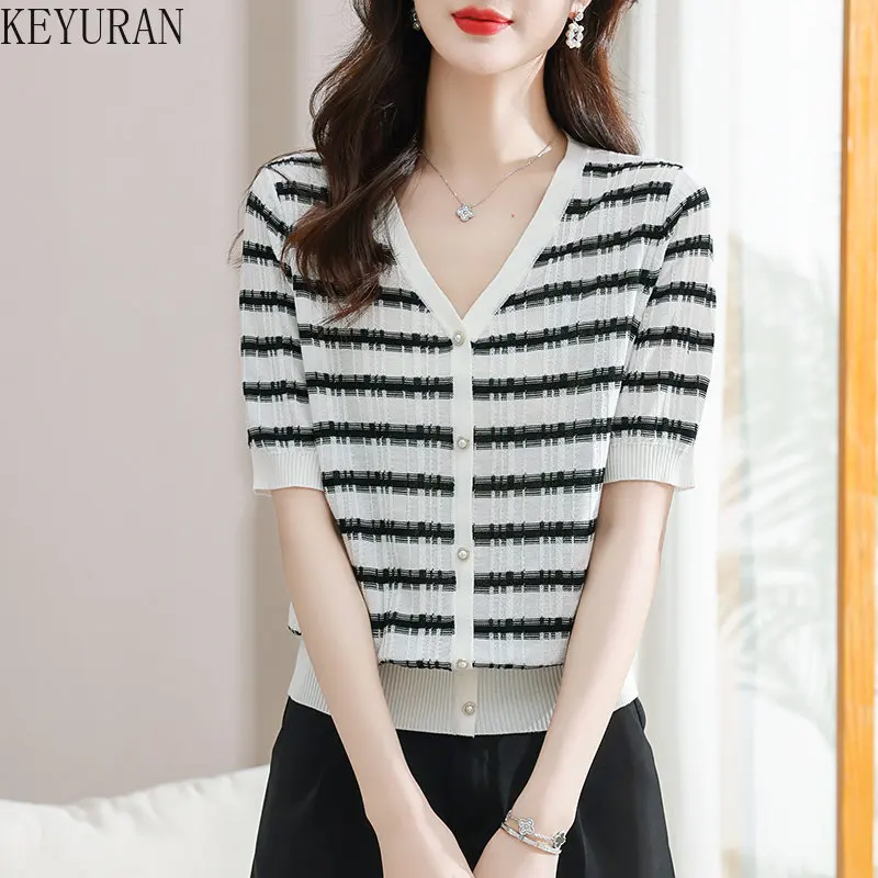 

Striped Short Sleeve Sweater Women's Clothing Pullover Knit T-shirt 2023 New Summer Korean Fashion V-neck Ice Silk Knitwear Tops