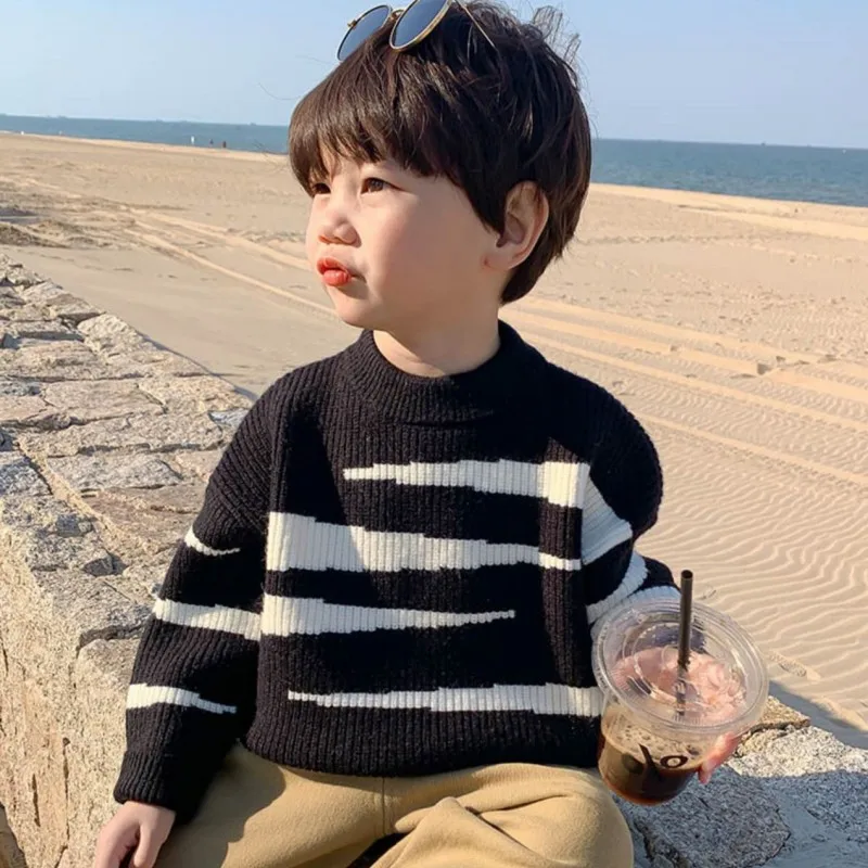 남아용 모직 스웨터 코튼 뜨개질 2023, 따뜻한 겨울 가을  상의, 어린이 의류, 빈티지 두꺼운