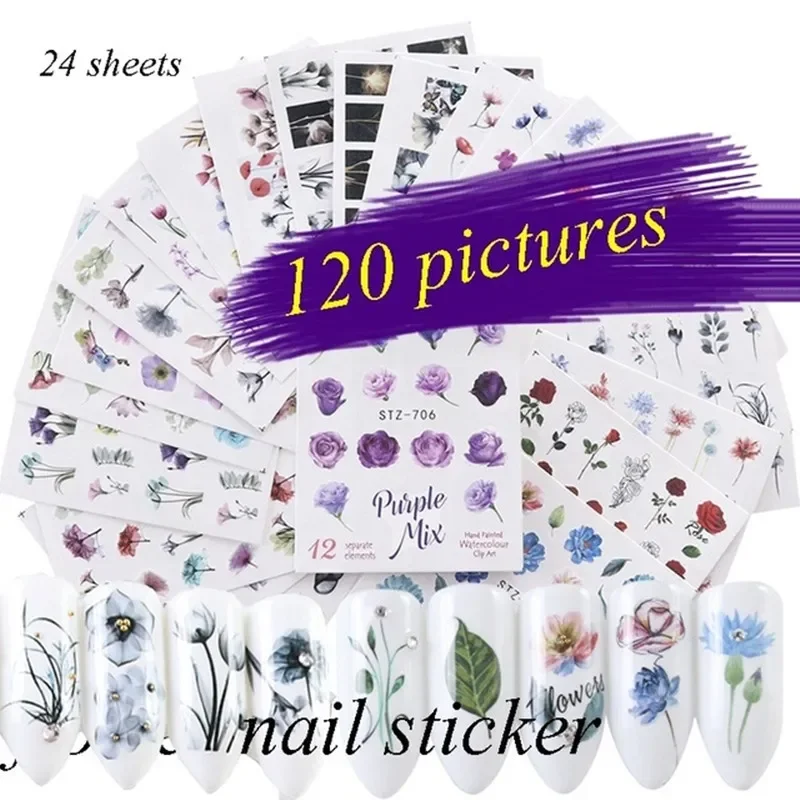 

24sheets/120Popular Pictures Watercolor Floral Flower Nail Sticker Decals Set Designs Gel Manicure Decor Water Slider