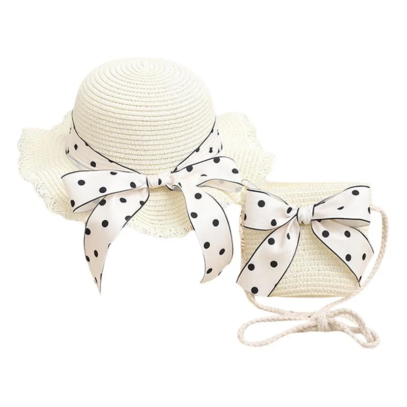 Girl Straw Hat and Bag Polka Dot Print Wide Brim Bowknot Beach Sun Caps