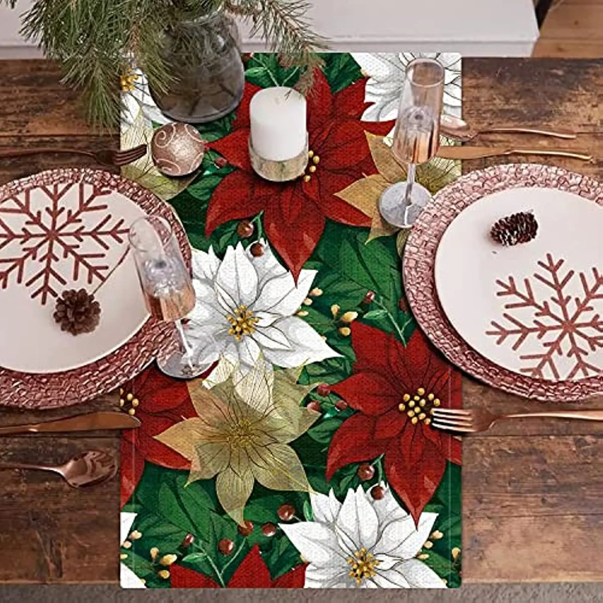 Christmas Poinsettia  Table Runner Linen   Fake Kitchen Dining Decor for Indoor Outdoor Home Wedding Party