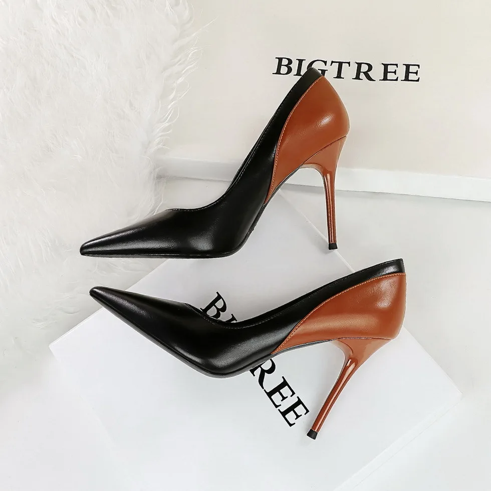 Zapatos de tacón para mujer, estilo alto y delgado, con punta en la boca, bloques de color y otoño, nuevos zapatos de tacón ultraalto para mujer, zapatos de mujer