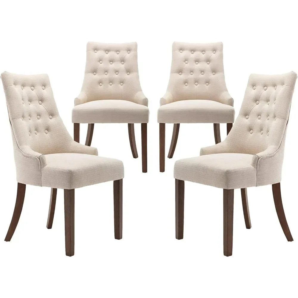 4-piece set of wing back dining chairs, fabric side dining chairs with plush buttons, living room kitchen - beige