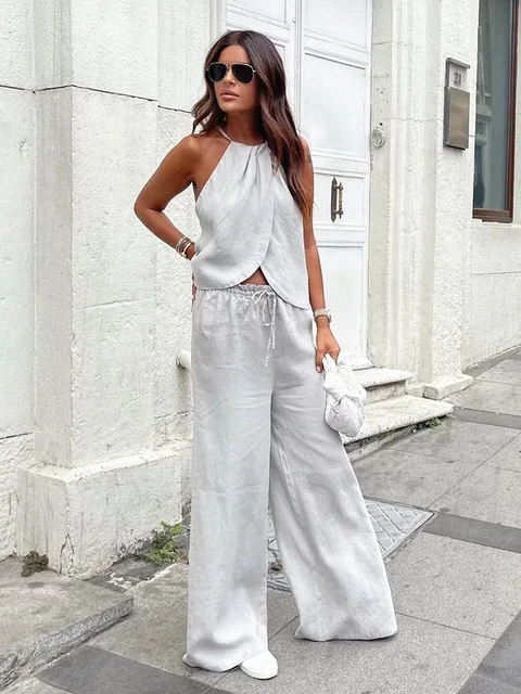 Cotton Linen Outfits for Women Pants Set Sleeveless Crop Top+wide Leg Pants  Set Autumn Summer Solid Casual 2 Pcs Matching Set