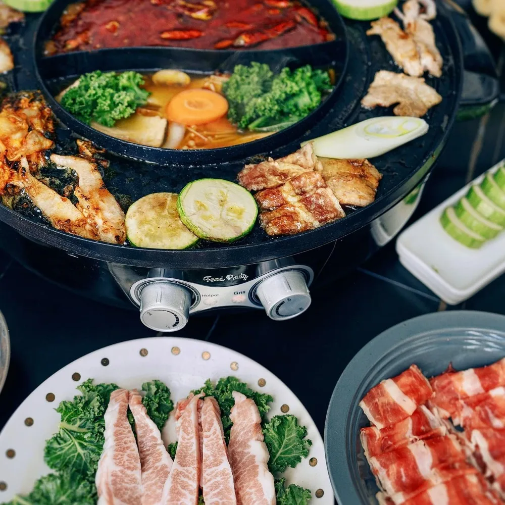 Electric Smokeless Grill and Hot Pot, With Separable Cooking Plate, Deluxe Combo of 1 Recipe Book, 1 Tong, Oil Brush