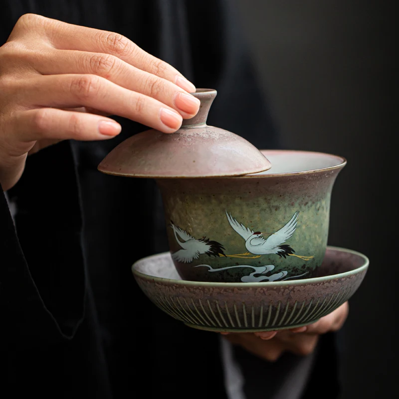 Anti-scald Large Ceramic Retro Tea Cover Bowl with Lid Sancai Gaiwan Single Tea Bowl Hand Painted Shining Crane Cover