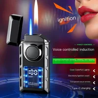 Creative Voice Controlled Ignition Gas Lighter Color Light Battery Display Open Fire Switching Jet Fire USB Electric Lighters 1