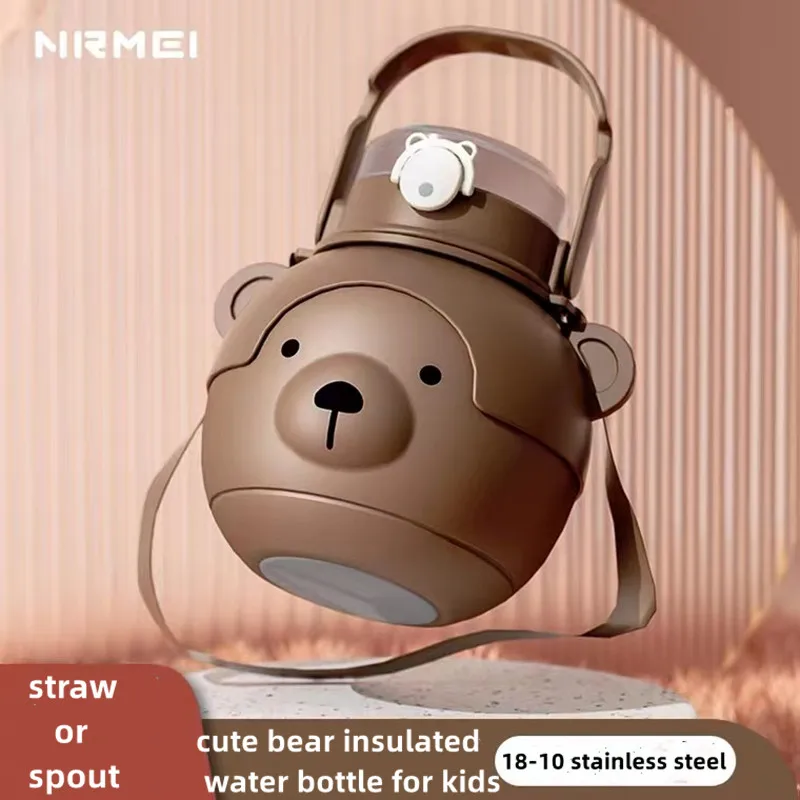 

1000ML Kawaii Bear Kettle Straw Water Cup Stainless Steel Large Capacity Straw Drinking Cup Cute Children Water Bottle for Girl