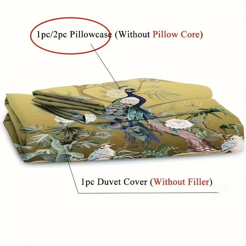 2pcs/3pcs Duvet Cover Set (1 Duvet Cover + 1pc/2pcs Pillowcase, Without Core), 3D Elegant and Gorgeous Retro Peacock Flowers