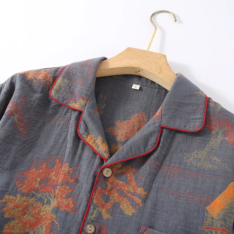 Cotton Gauze Yarn Dyed Landscape Printed Men's Sleepwear Clothes for Spring and Autumn Long Sleeved Loose Oversized Home Suit - 2