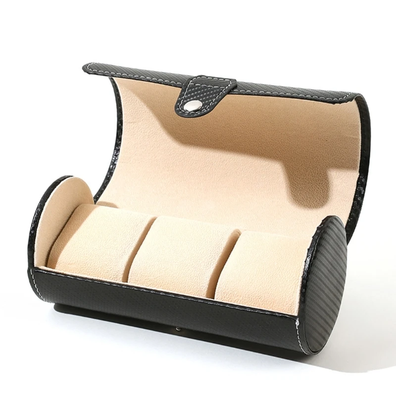 Compact Carbon Fiber Watch Case Portable 3Slot Round Cylinder Watch Holder Convenient Watch Jewelry Storage