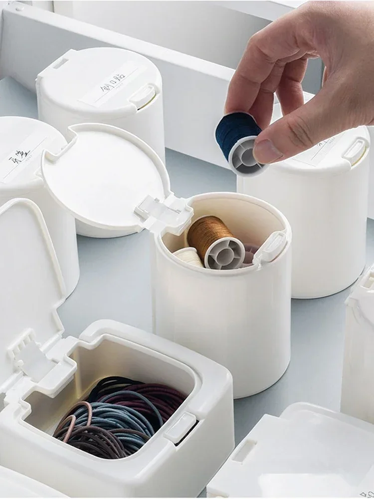 Desktop Organizer Mini with Lid Pop-up Window Paper Clips Cotton Swabs Cosmetic Cotton Plastic Dust Sundries Organizing Box 6