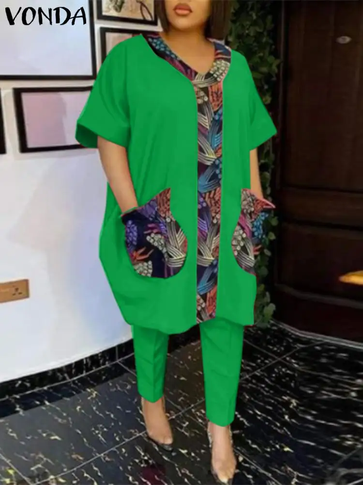 플러스 사이즈 5XL VONDA 여성용 보헤미안 바지 세트, 캐주얼 반팔, V넥 포켓 프린트, 긴 상의 바지, 루즈 세트, 2 개 