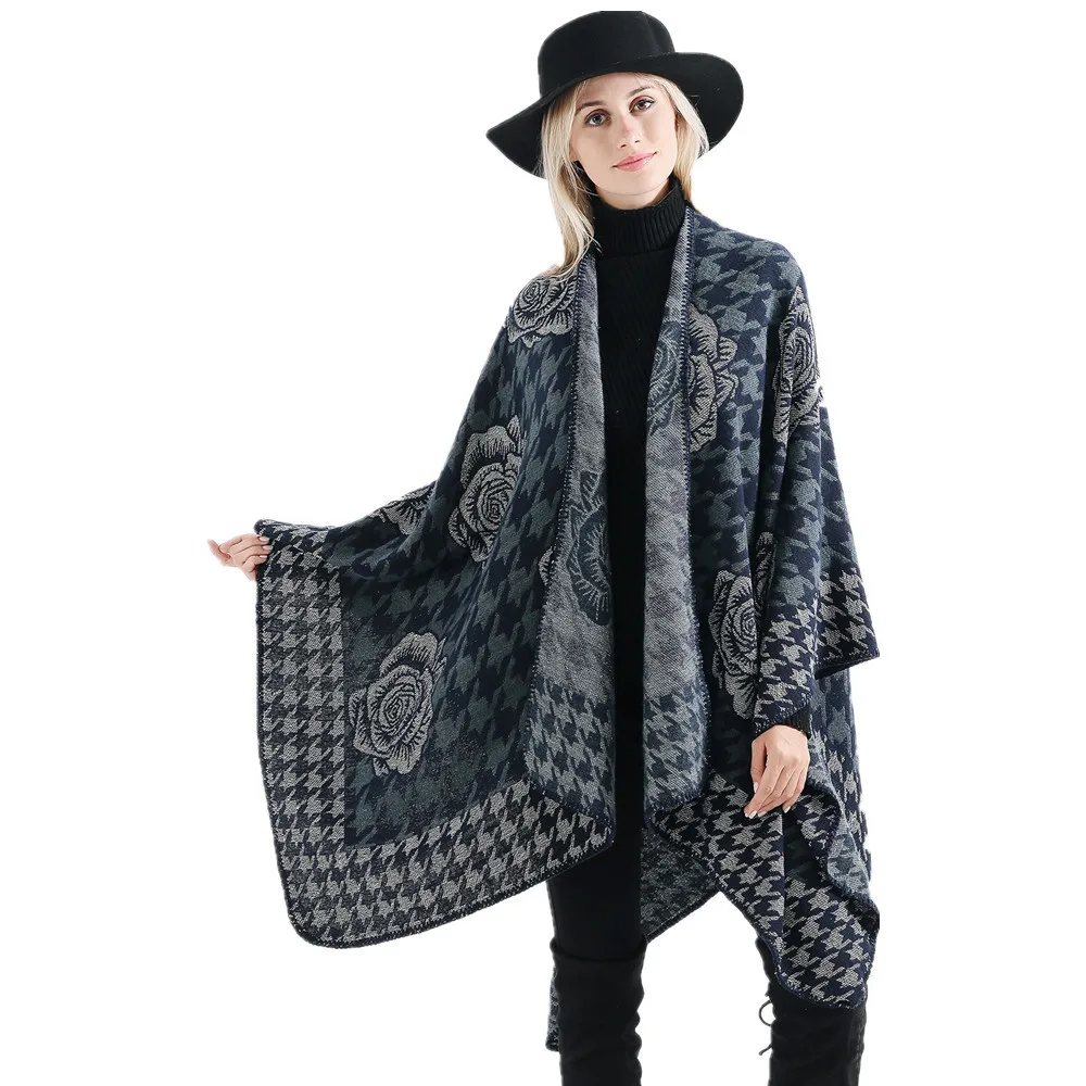 

2022 Autumn Winter New Hot Selling Fashion Gold Flower Pattern Travel Imitation Cashmere Women Shawl Poncho Capes Navy