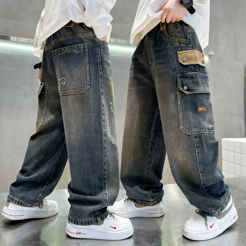 Korean Boys' Jeans Version Of Boys Wide Leg Pants Boys' Jeans Children's Side Pockets Kid Denim Cargo Pants - Image 4