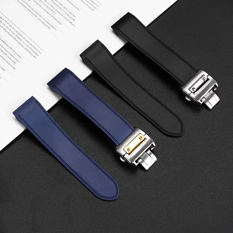Premium Silicone Rubber Watch Strap with Metal Buckle for Luxury Watches, Black/Blue, 23mm