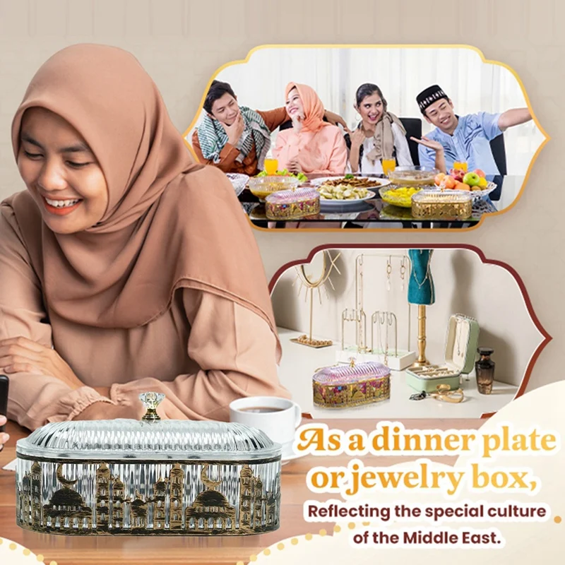 2 Pcs Ramadan Trays Withlid Eid Candy Serving Plate Tea Serving Tray Ramadan Food Storage Table Decorations Gold