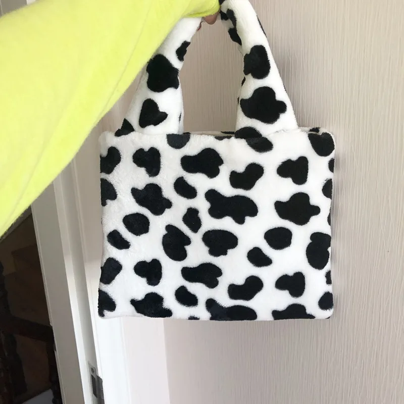 

Korean Style Cute Cow Pattern Girl's Handbag Autumn Winter Small Faux Fur Tote Bag Student Cartoon Plush Bag Bolsa Feminina