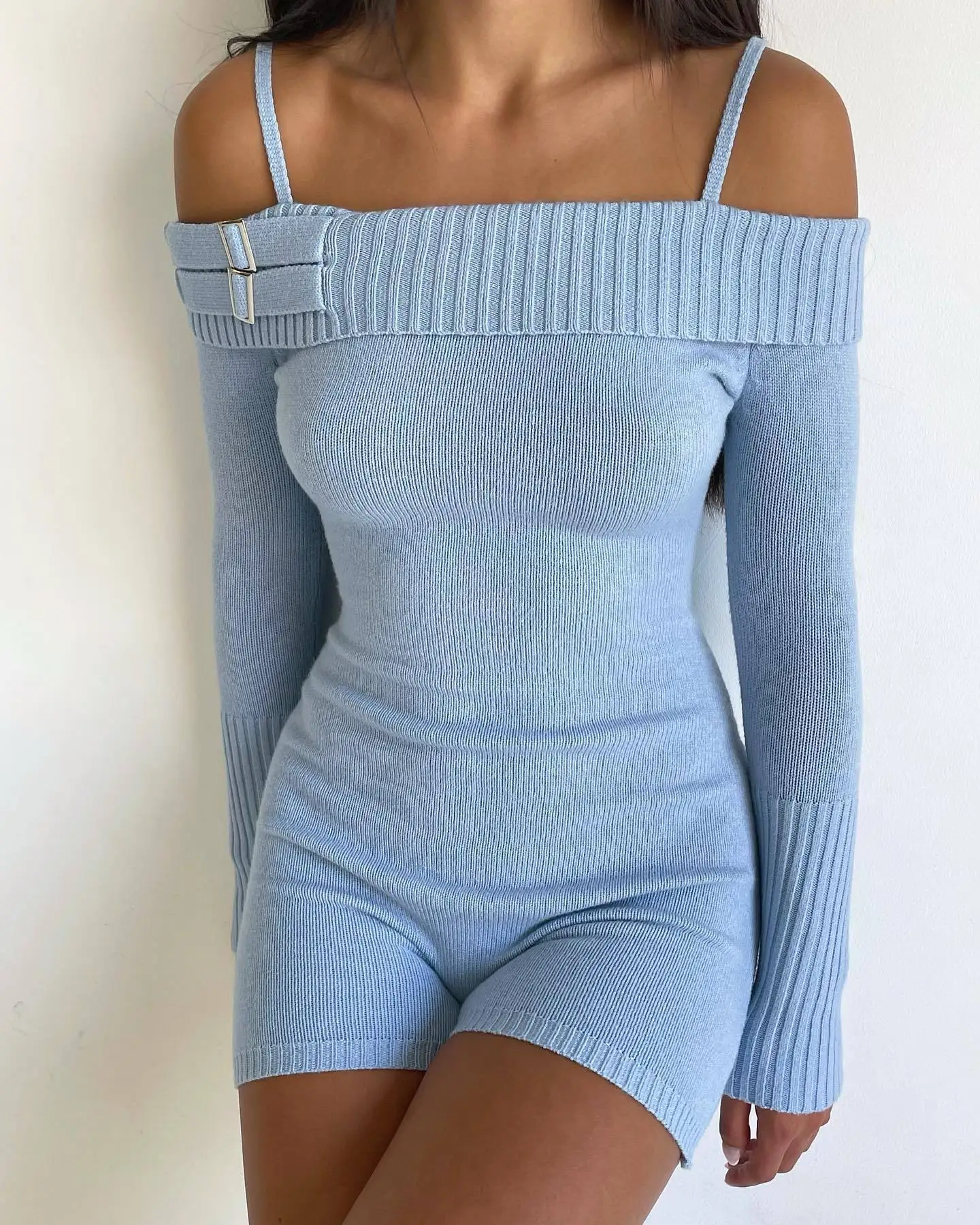 New Fashion Knit Off-Shoulder Short Jumpsuit For Women Casual Summer Long Sleeve Shorts Playsuit Knitted Slim Bodycon Romper