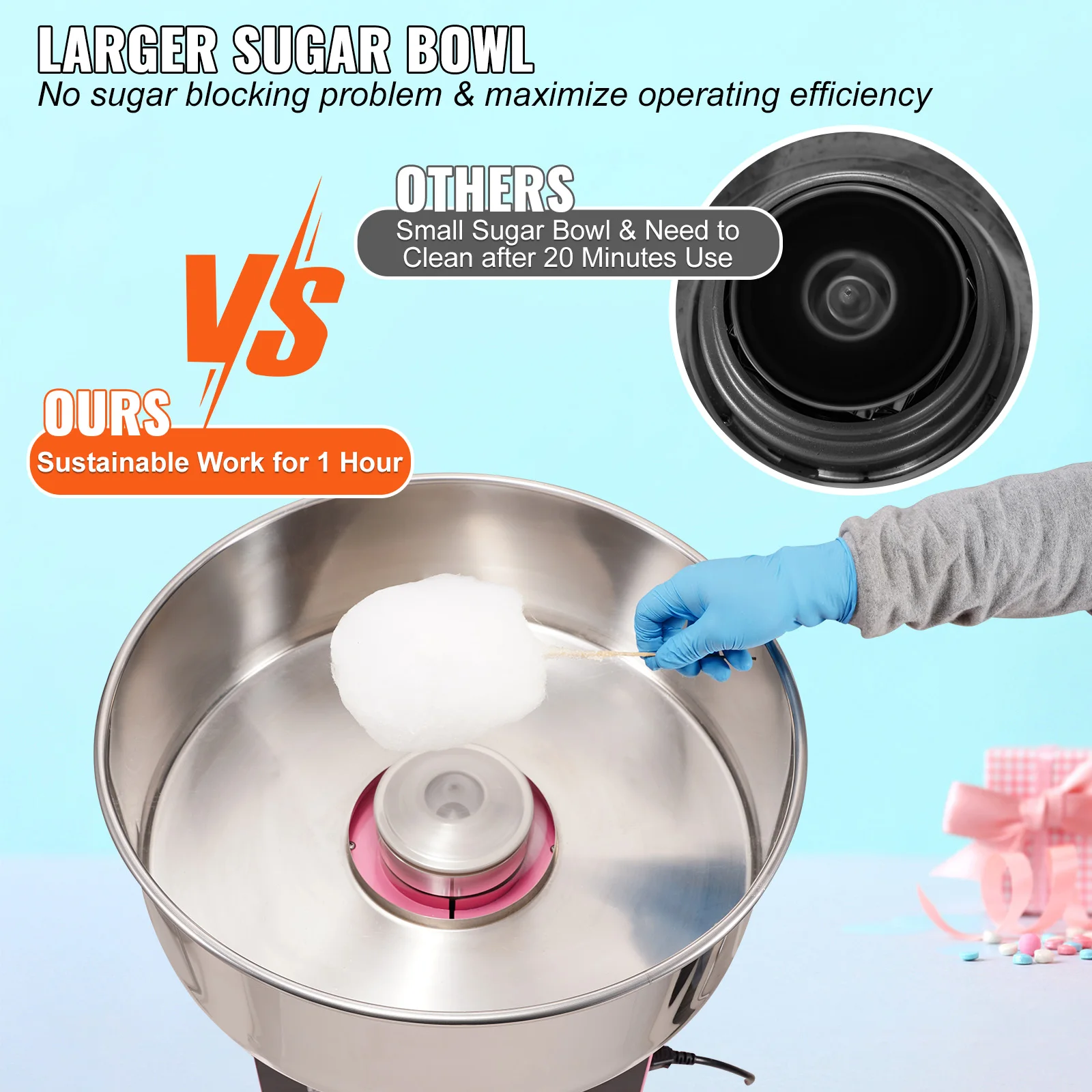 VEVOR Electric Cotton Candy Machine Commercial Floss Maker with Stainless Steel Bowl Sugar Scoop and Drawer For Birthday Party