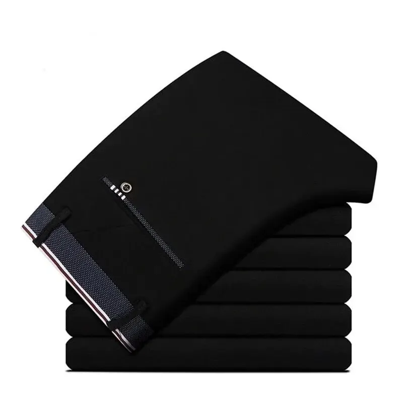 Men's Elastic Straight Pants Business Casual Long Suit Pants Male Formal Trousers Solid Colors Black BLue 5