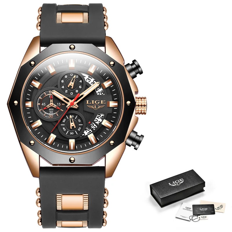 2022 LIGE New Fashion Mens Watches Top Brand Luxury Silicone Sport Watch Men Quartz Date Clock Waterproof Wristwatch Chronograph 