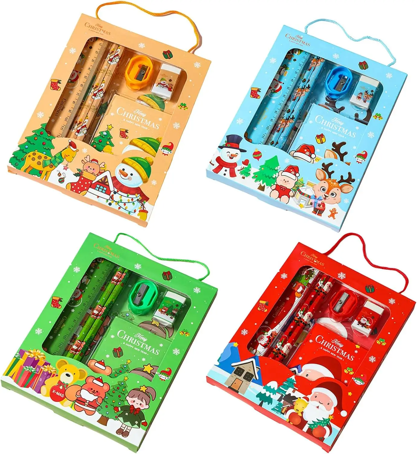 6PCS Christmas Stationery Gift Set Christmas Goodie Bag Fillers Include Pencil Eraser Ruler Sharpener Christmas Decoration