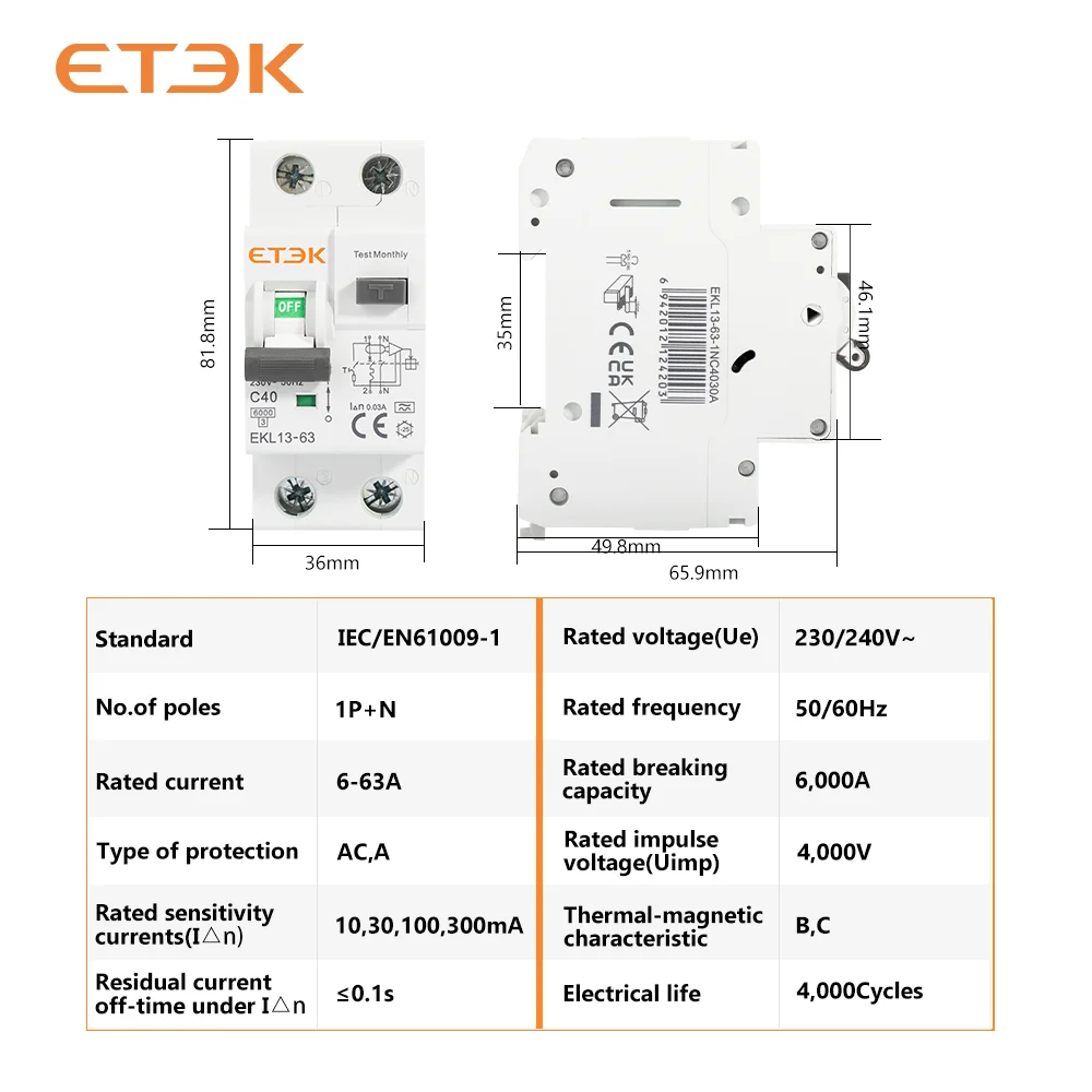 Circuit Breaker ETEK RCBO Type A 1P+N Residual Automatic With Over Current Leakage Protection 6KA 2P DPN 30mA EKL13