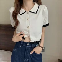 T-shirt court à boutons pour femmes, veste rayée patchwork, vêtements Y2K pour filles, pull coréen, chemise courte 4