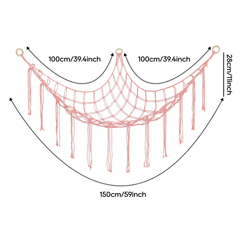 Toy hammock is hung in the corner and is equipped with a storage net, a toy storage bag, and a wall-mounted hammock.