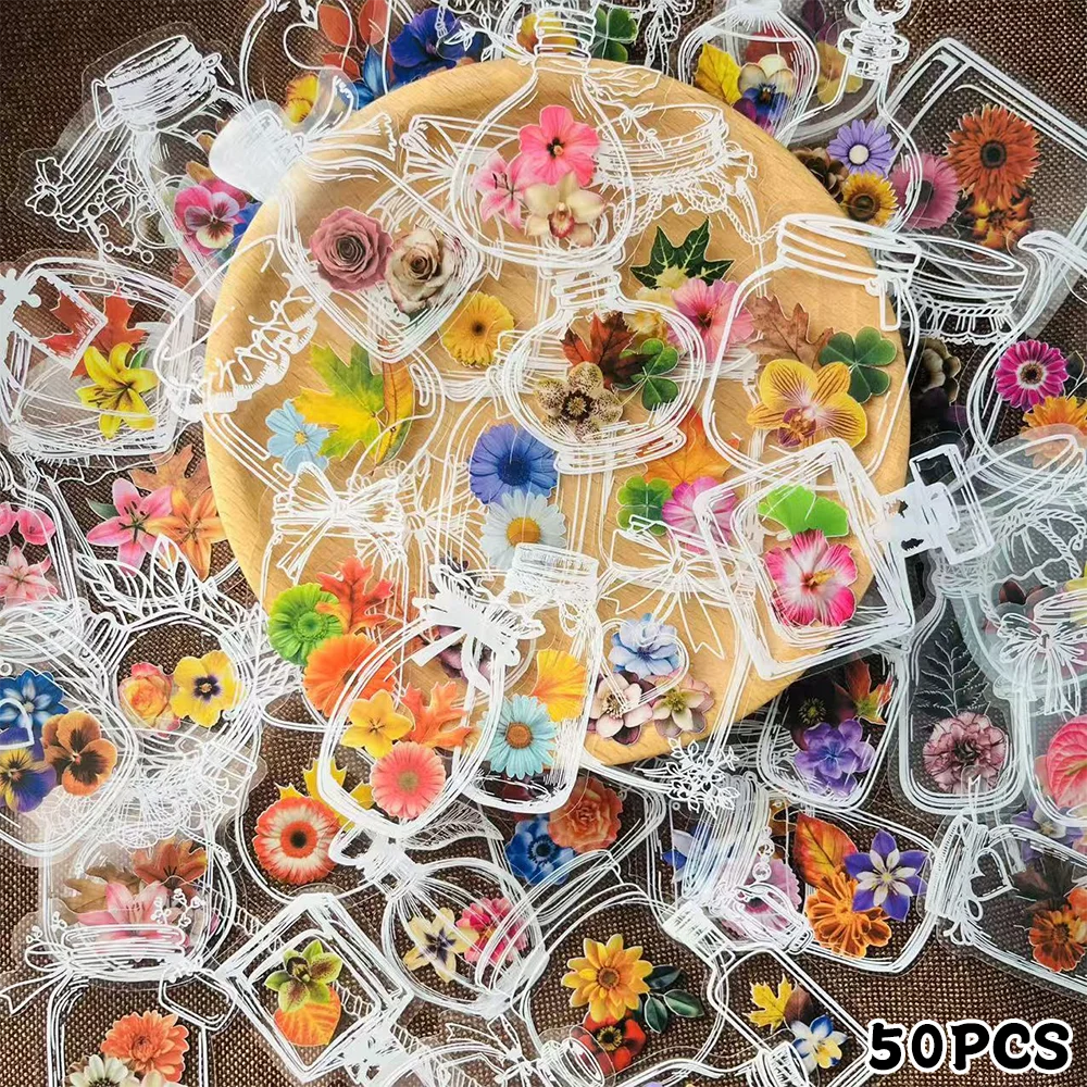 50 Stück Flasche getrocknete Blumen Aufkleber Pflanzen Blumen dekorative Laptop Tassen Sammelalbum Tagebuch DIY Gitarre Vase Aufkleber