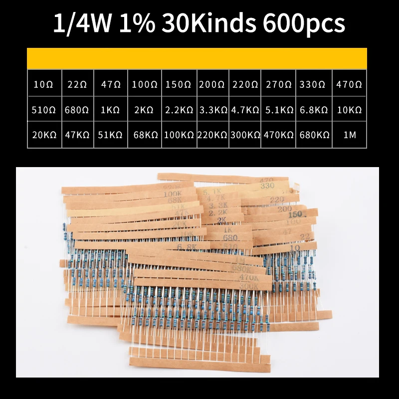 Snvi 600pcs/set 30/41 Kinds 1/4W Resistance 1% Metal Film Resistor Pack Assorted Kit 1K 10K 100K 220ohm 1M Resistors 300pcs/set