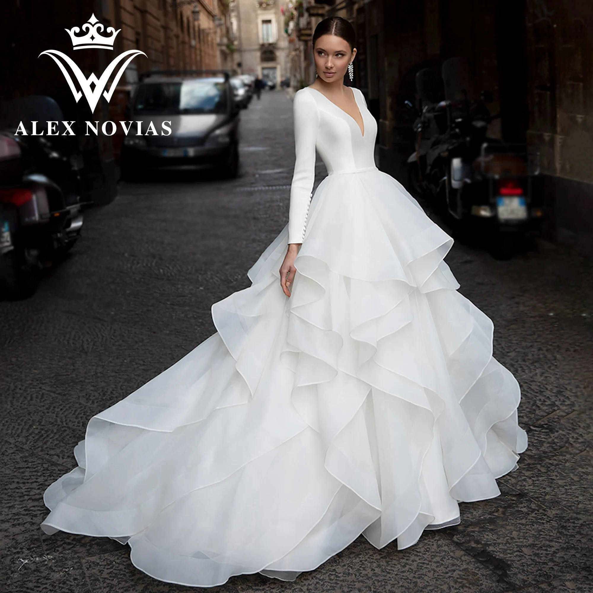 Свадебное атласное платье с длинным рукавом ALEX NOVIAS, классическое свадебное платье из органзы с V-образным вырезом и оборками, 2023