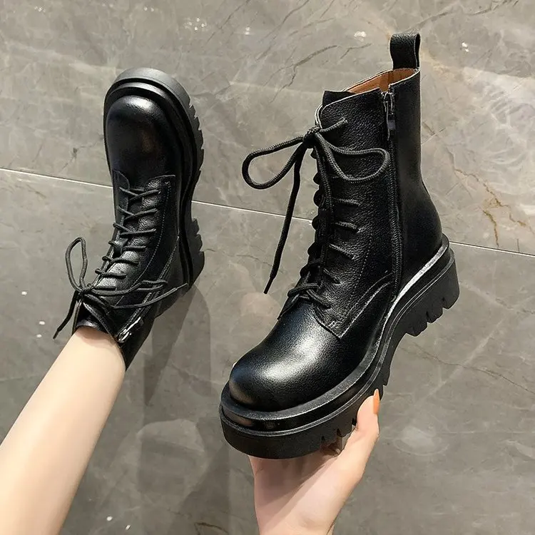 short Boots Female British Style Autumn New Short Boots Wild Thick-soled Increase Locomotive Rider Boots Net Red Short Boots