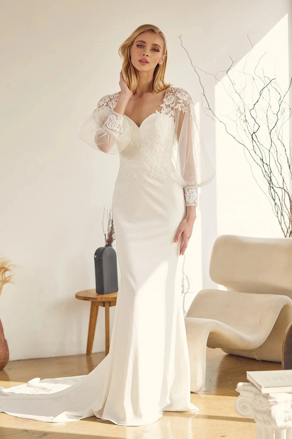 

Sweetheart Bodice Bridal Dress Sheer Full Length Button Sleeves Vestido Do Novia Floral Lace Appiques Robe De Mariee