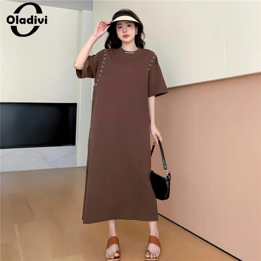 

Oladivi Big Size Women Cotton Dress 2023 Summer New Casual Loose Straight Midi Dresses Female Oversized Clothing Tunic Robe 6693