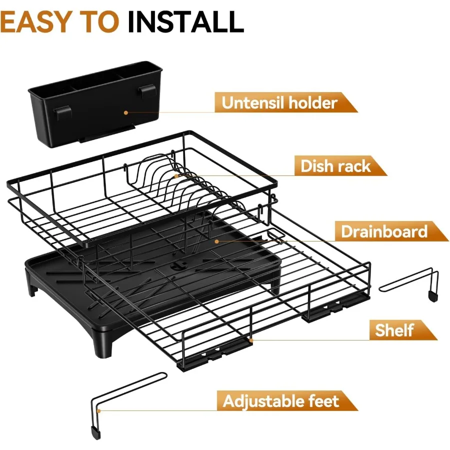 Dish Drying Rack Expandable Rack Large Capacity Dish Drainer for Kitchen Counter RustProof with Utensil Holder Black