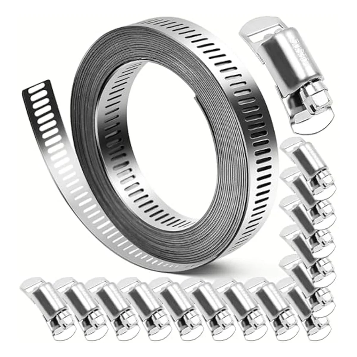 Grampos de Mangueira de 304 Corte para Caber 19.5 ft Strap e 15 Fasteners Kit Ajustável Worm Gear Band Duto para Diy Aço Inoxidável