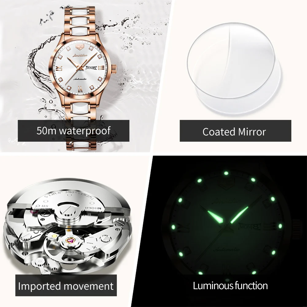 Jsdun Origineel Geïmporteerd Seiko Beweging Automatisch Mechanisch Horloge Voor Vrouwen Elegant Keramiek Band Waterdicht Laides Horloge